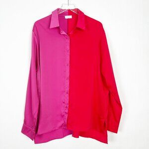 Pink Lily Satin Blouse Button Front Color-Block Pink Red Women's Size XL